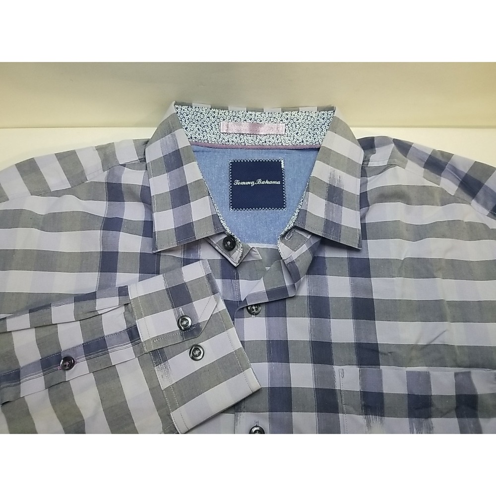 Tommy Bahama Mens Large Long Sleeve Button Up Striped Plaid‎ Shirt Blue Gray